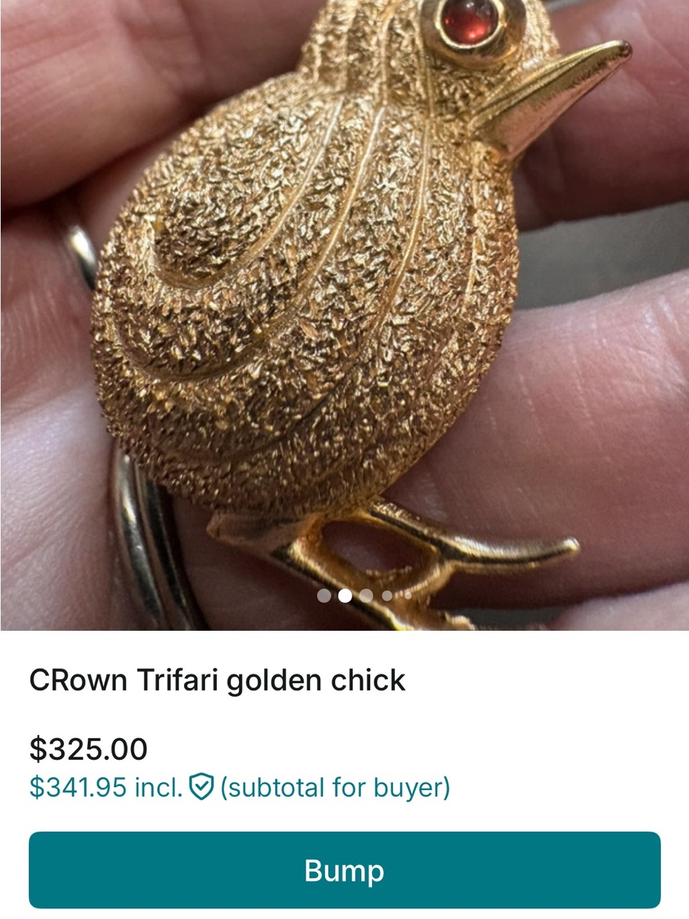 Trifari Textured Gold-Tone Chick Brooch with Amber Eye